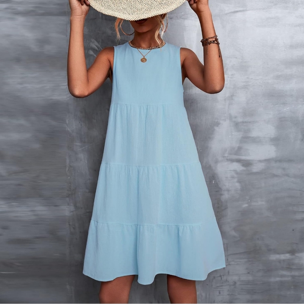 Summer Dress Casual Sleeveless Round Neck - Blue EUC